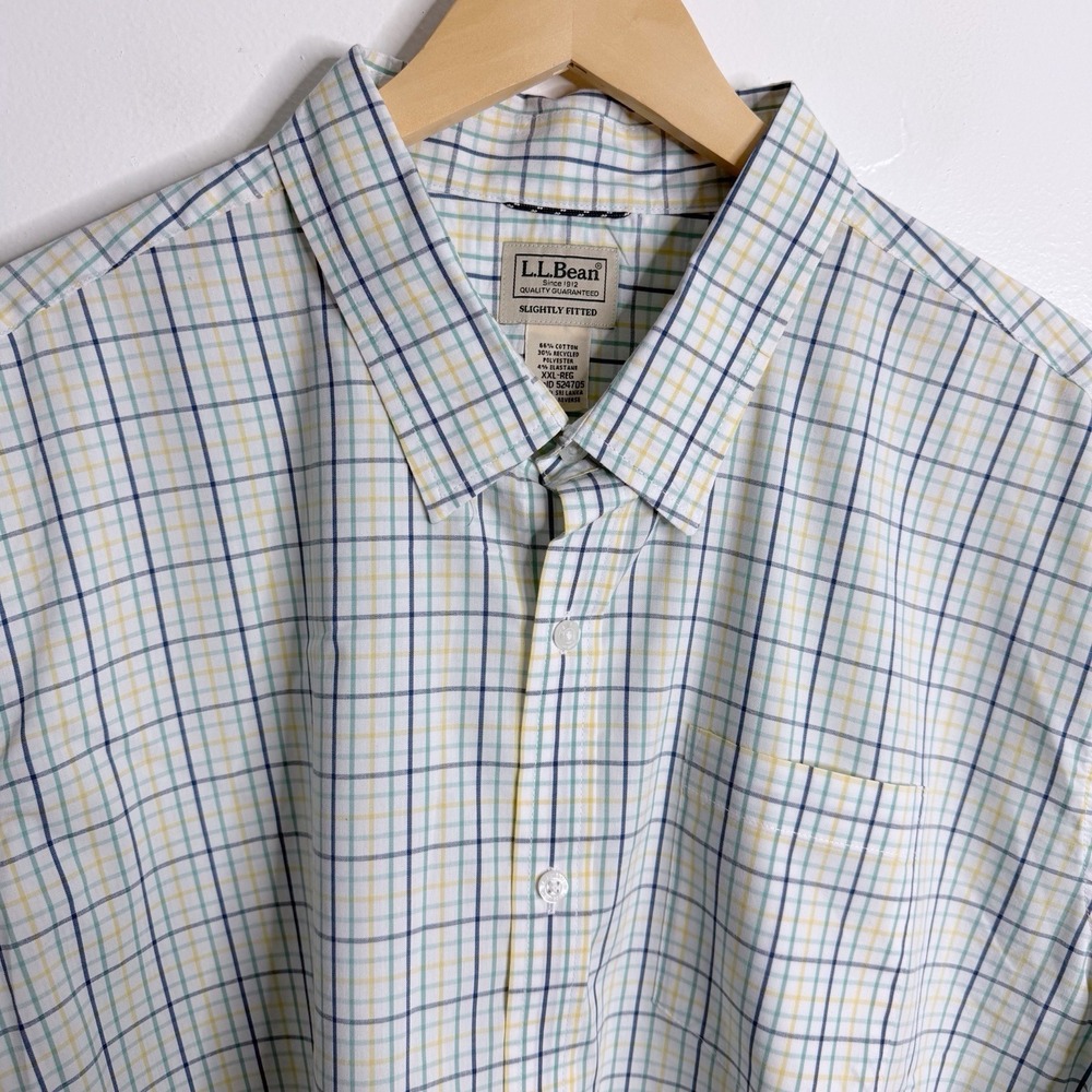 NWOT L.L. Bean Men's XXL Slightly Fitted White Plaid Short Sleeves Shirt Stretch